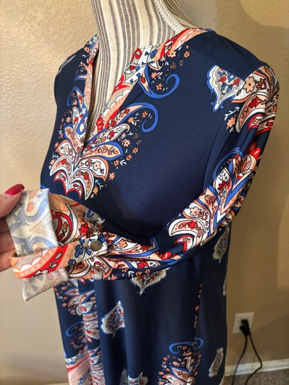 New Directions Dress Small Petite Navy Blue Paisley Floral Orange Red Mini Boho